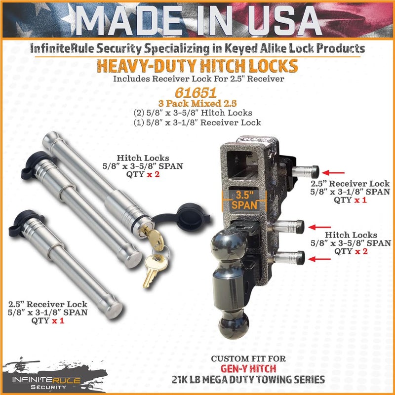 InfiniteRule Security 61651 | 3 Pack Mixed 2.5, Keyed Alike, Hitch Locks for Gen-Y Hitch 21K LB Mega Duty Series - Includes Lock for 2.5" Receiver - Image 3